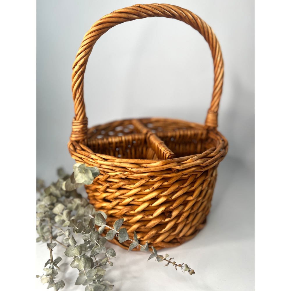 Vintage Bottle Basket Wicker Carrier 4 Compartments Gift Basket